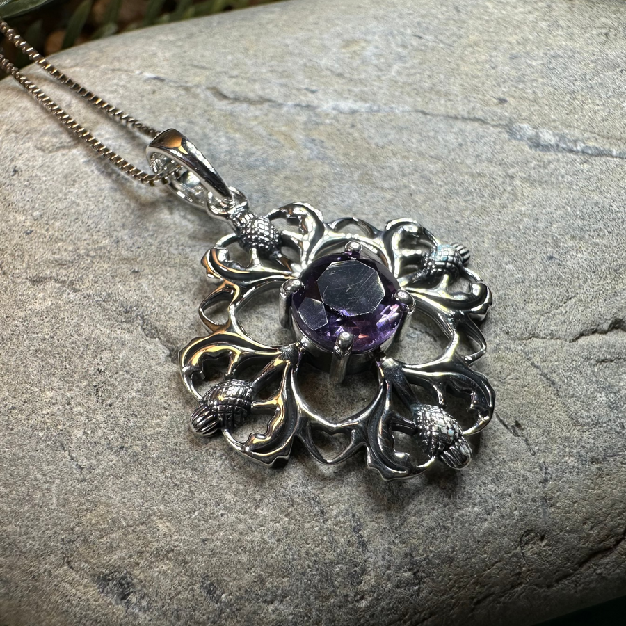 Dolina Amethyst Scottish Thistle Necklace in Sterling Silver
