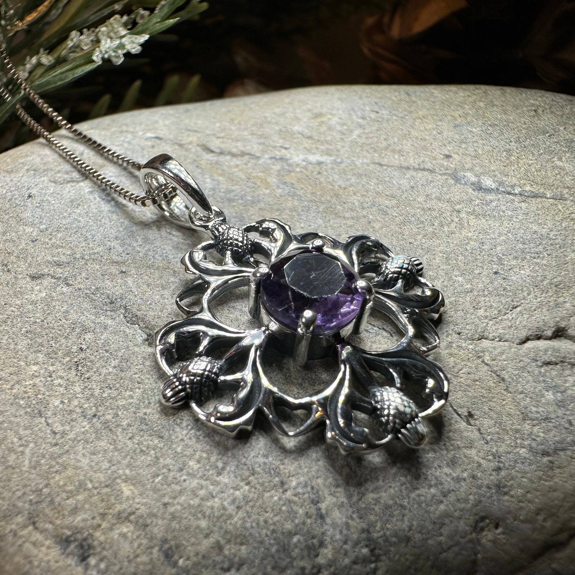 Dolina Amethyst Scottish Thistle Necklace in Sterling Silver — view 8