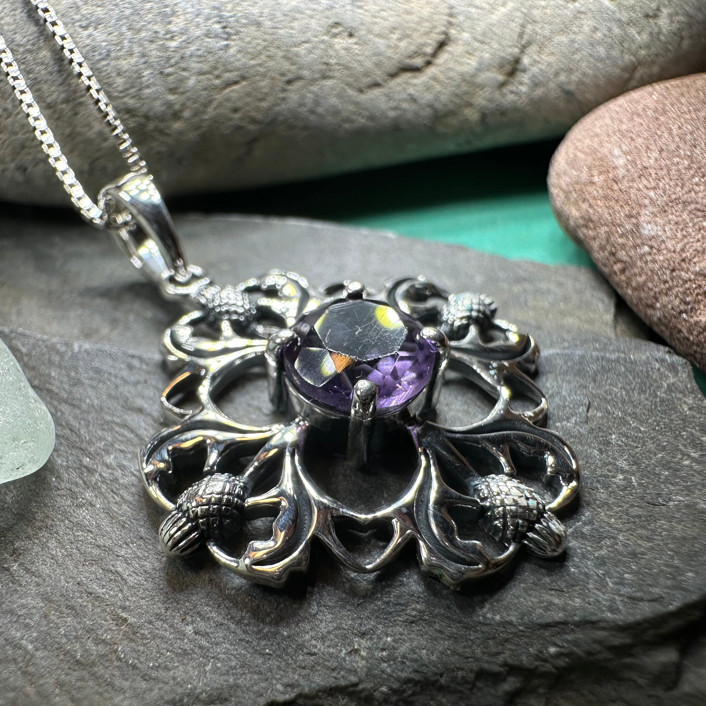 Dolina Amethyst Scottish Thistle Necklace in Sterling Silver — view 9