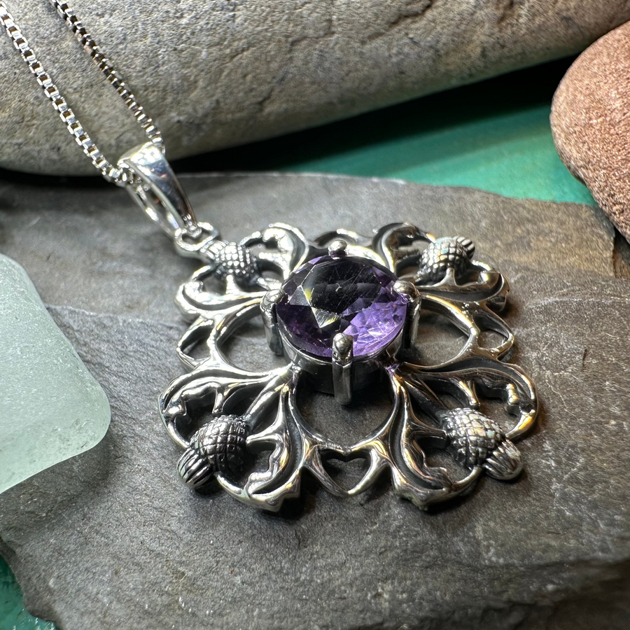 Dolina Amethyst Scottish Thistle Necklace in Sterling Silver
