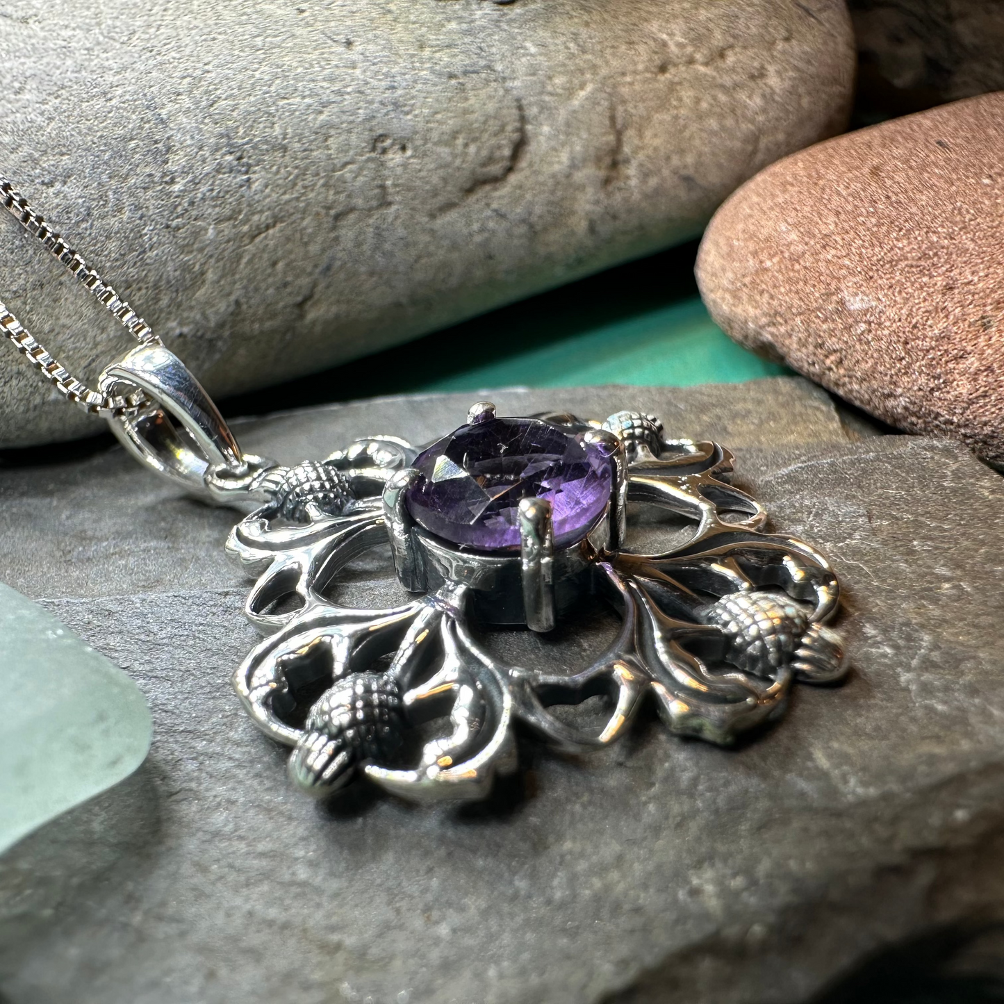Dolina Amethyst Scottish Thistle Necklace in Sterling Silver — view 7