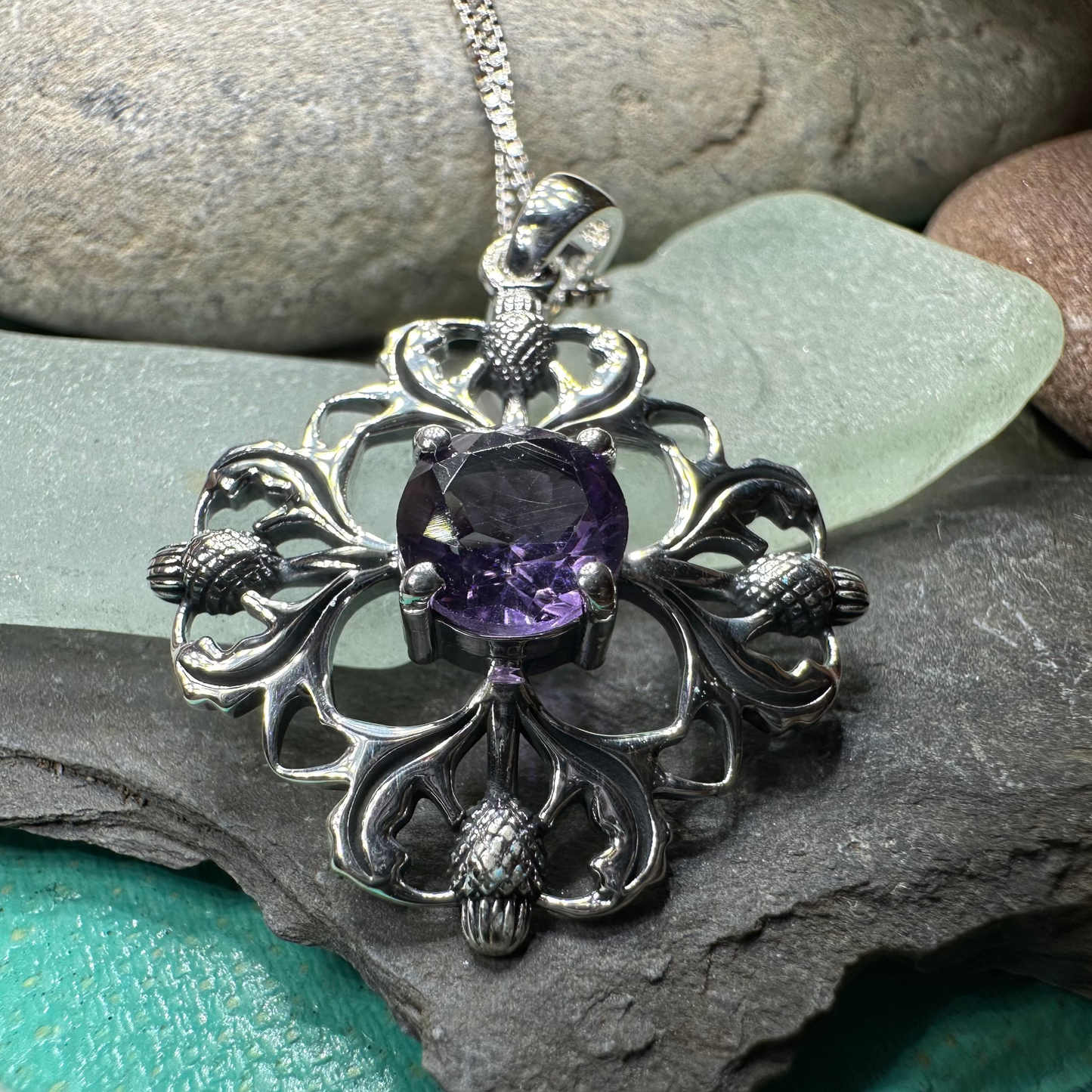 Dolina Amethyst Scottish Thistle Necklace in Sterling Silver — view 6