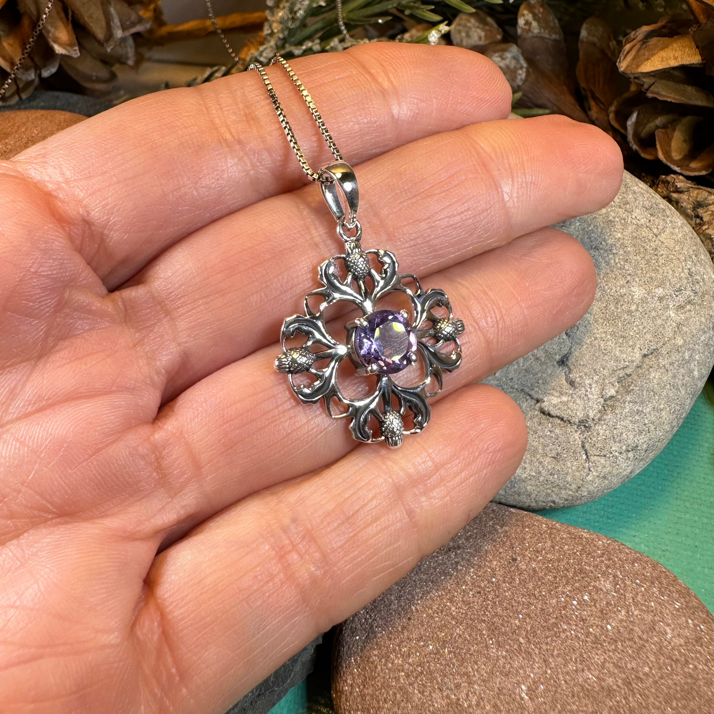 Dolina Amethyst Scottish Thistle Necklace in Sterling Silver — view 5