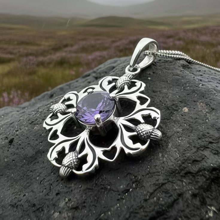 Dolina Amethyst Scottish Thistle Necklace in Sterling Silver