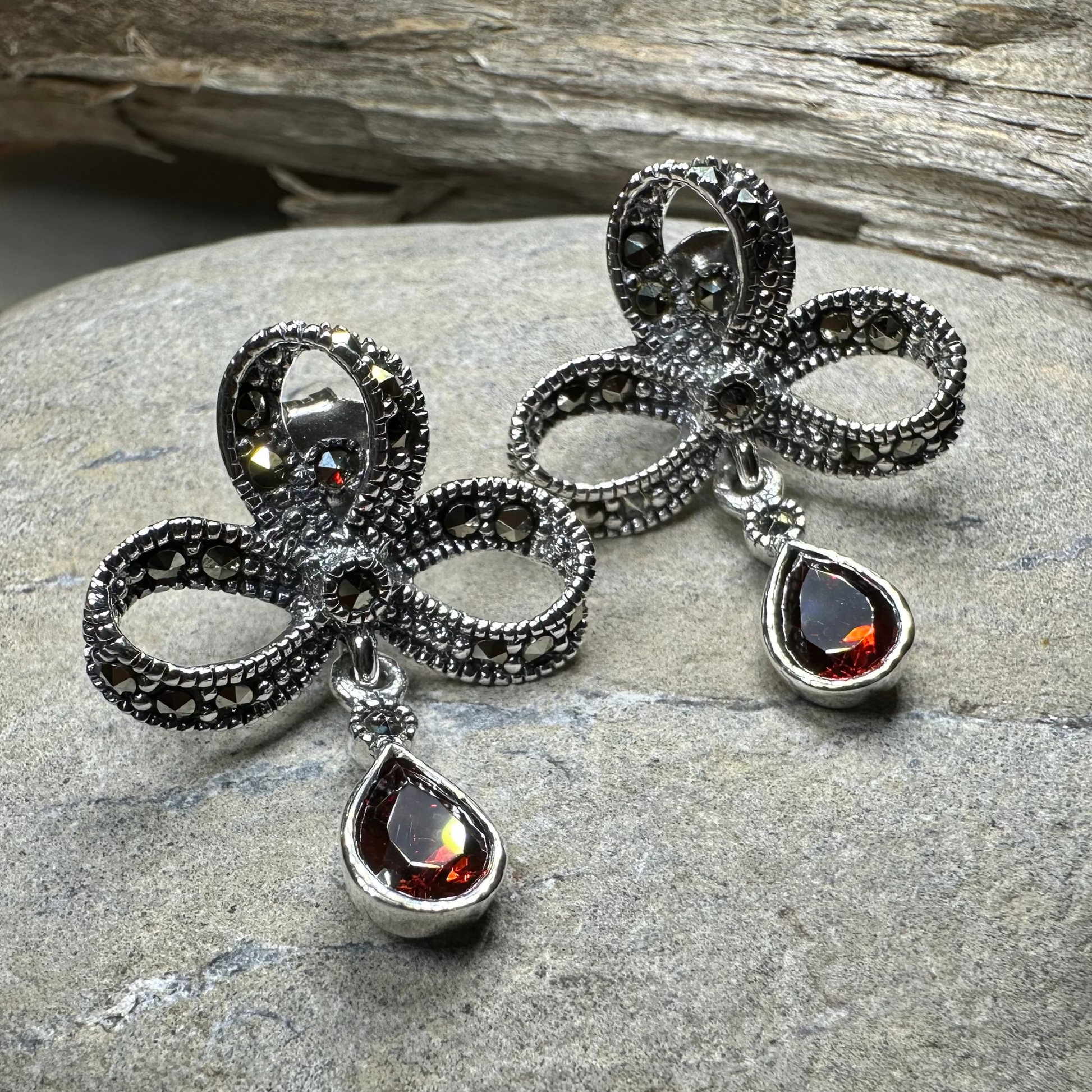 Gemstone Marcasite Bow Stud Earrings — view 3