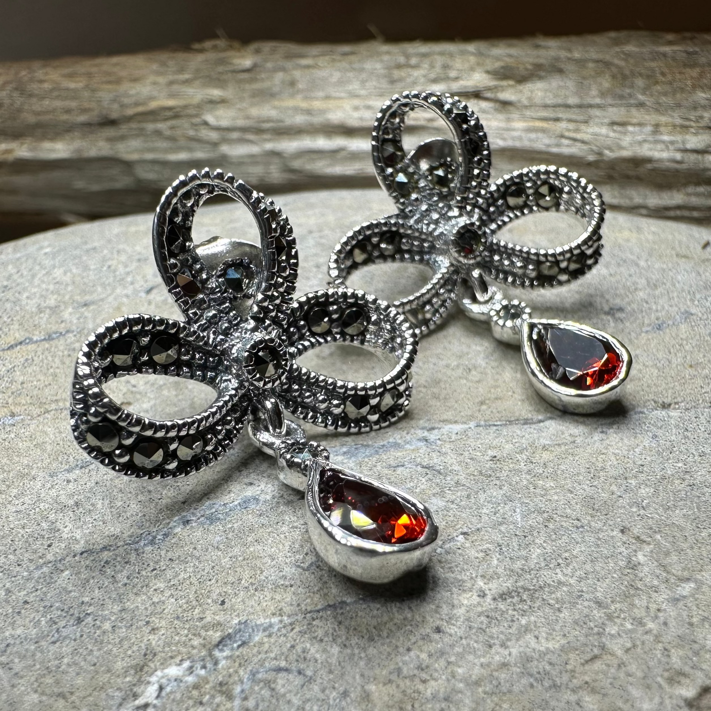 Gemstone Marcasite Bow Stud Earrings
