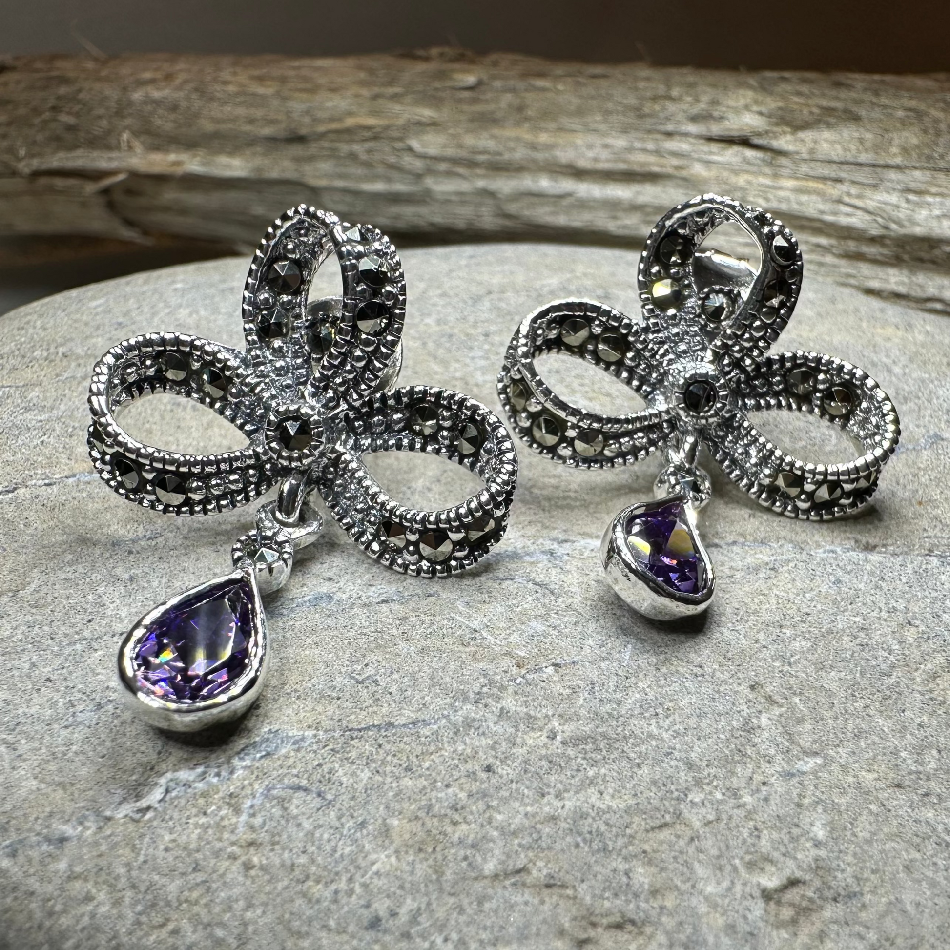 Gemstone Marcasite Bow Stud Earrings — view 5