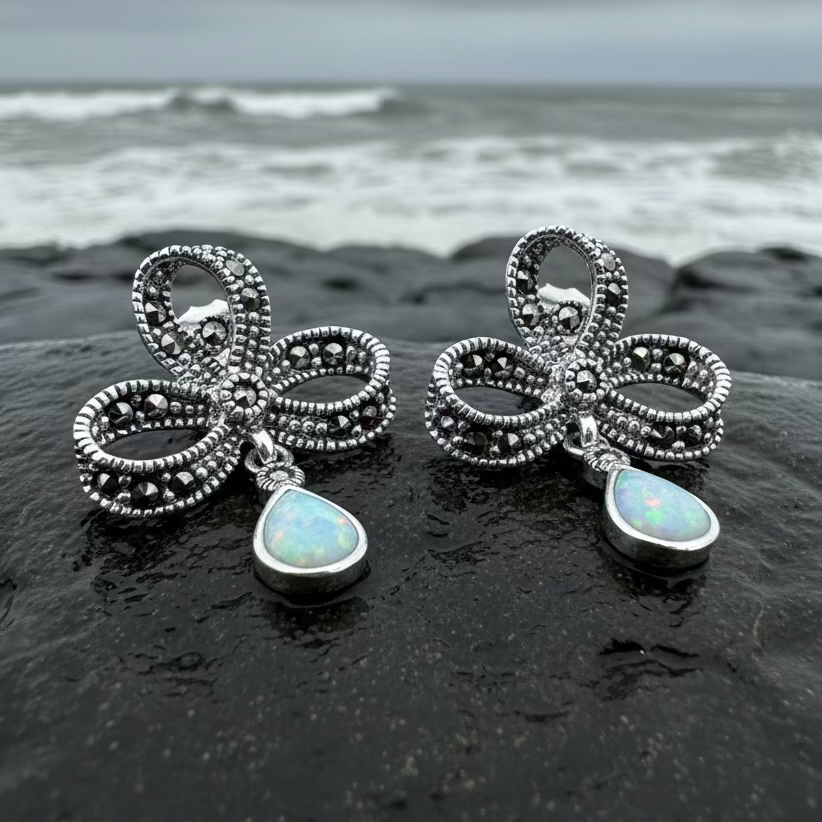 Gemstone Marcasite Bow Stud Earrings