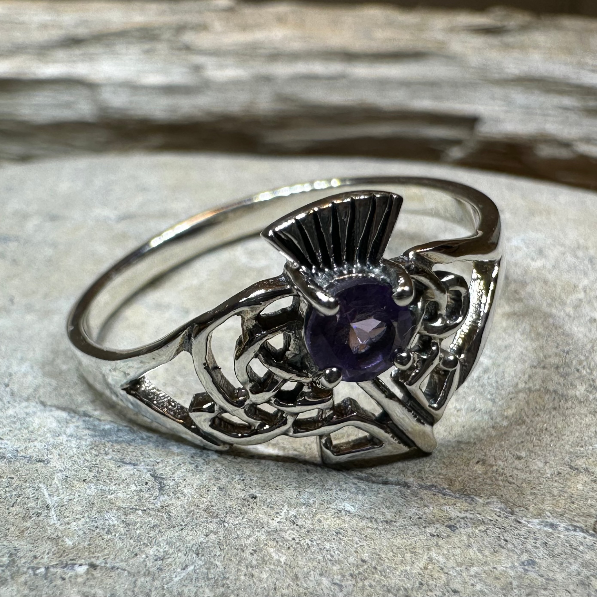 Ailean Scottish Thistle Amethyst Ring in Sterling Silver — view 7