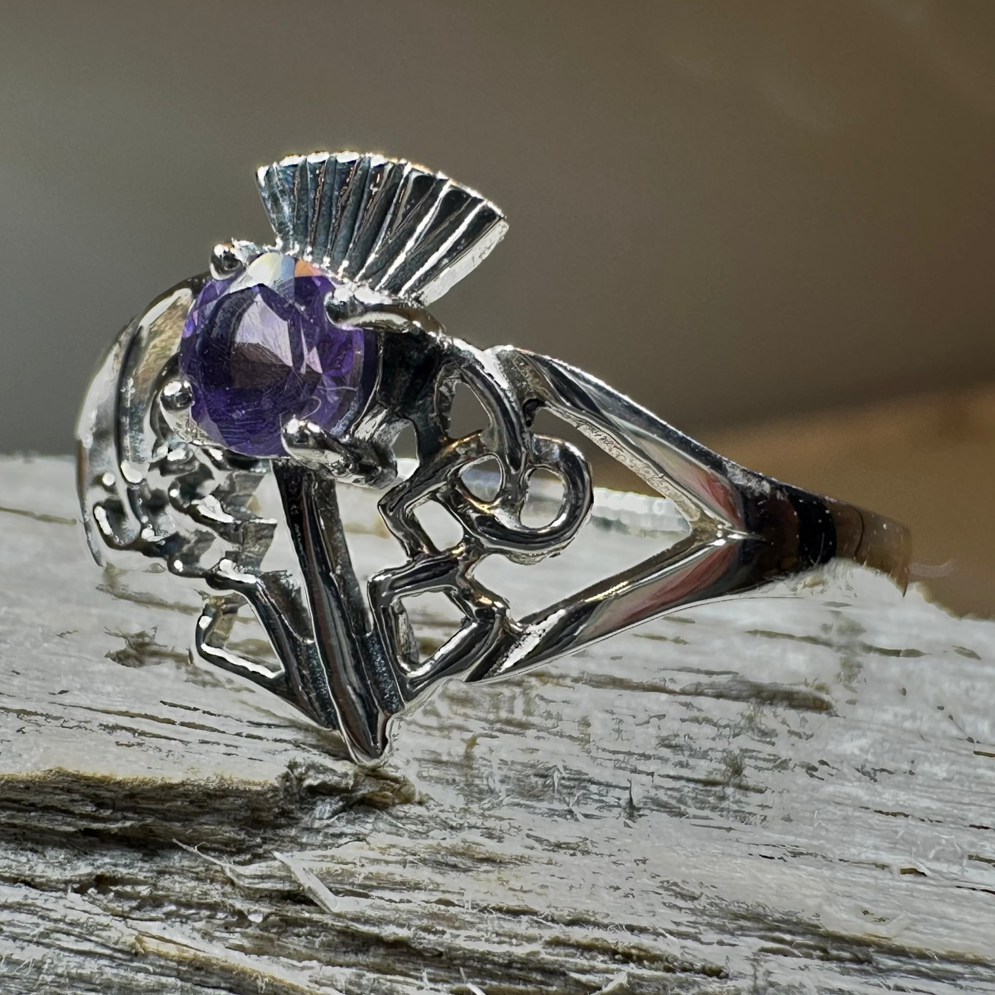Ailean Scottish Thistle Amethyst Ring in Sterling Silver — view 8