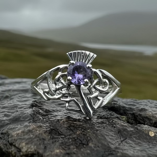 Ailean Scottish Thistle Amethyst Ring in Sterling Silver — view 6