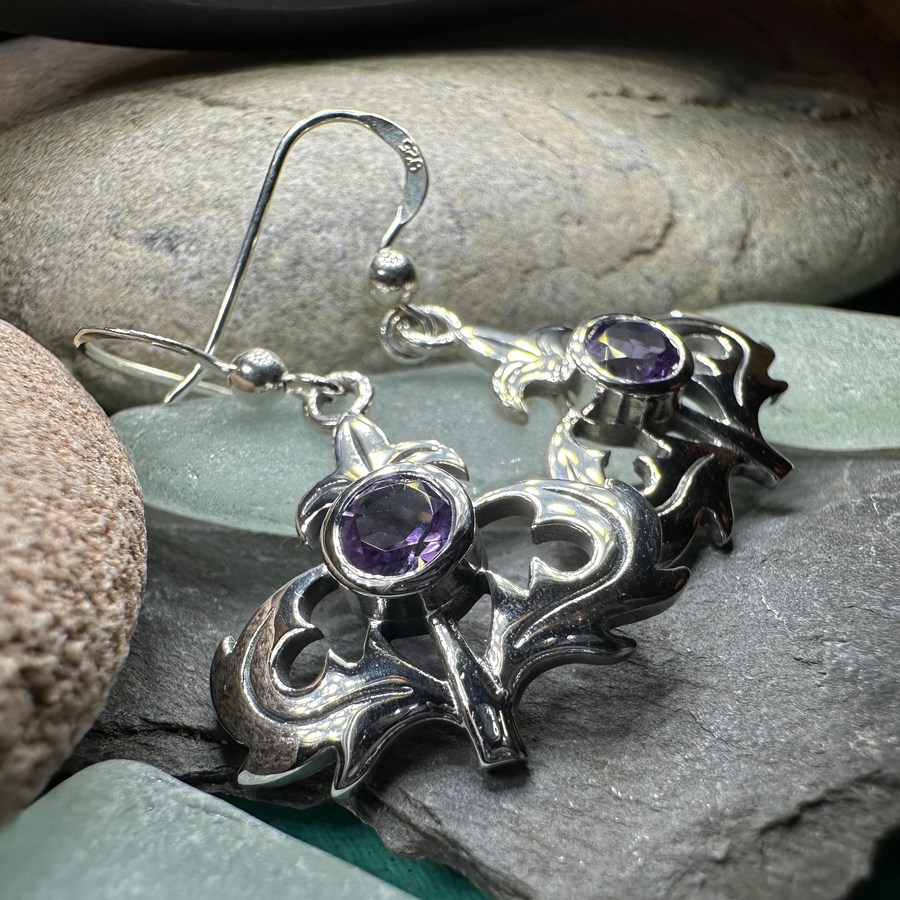 Amethyst Scottish Thistle Earrings in Sterling Silver