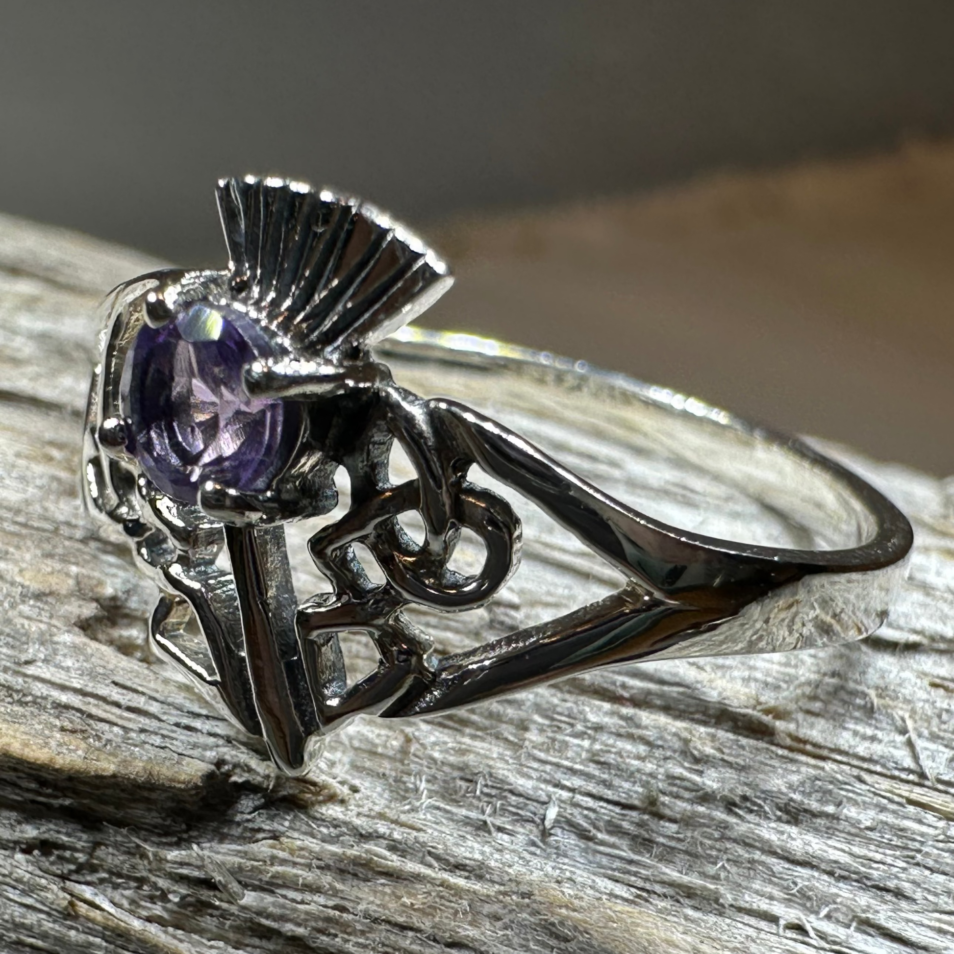 Ailean Scottish Thistle Amethyst Ring in Sterling Silver — view 5