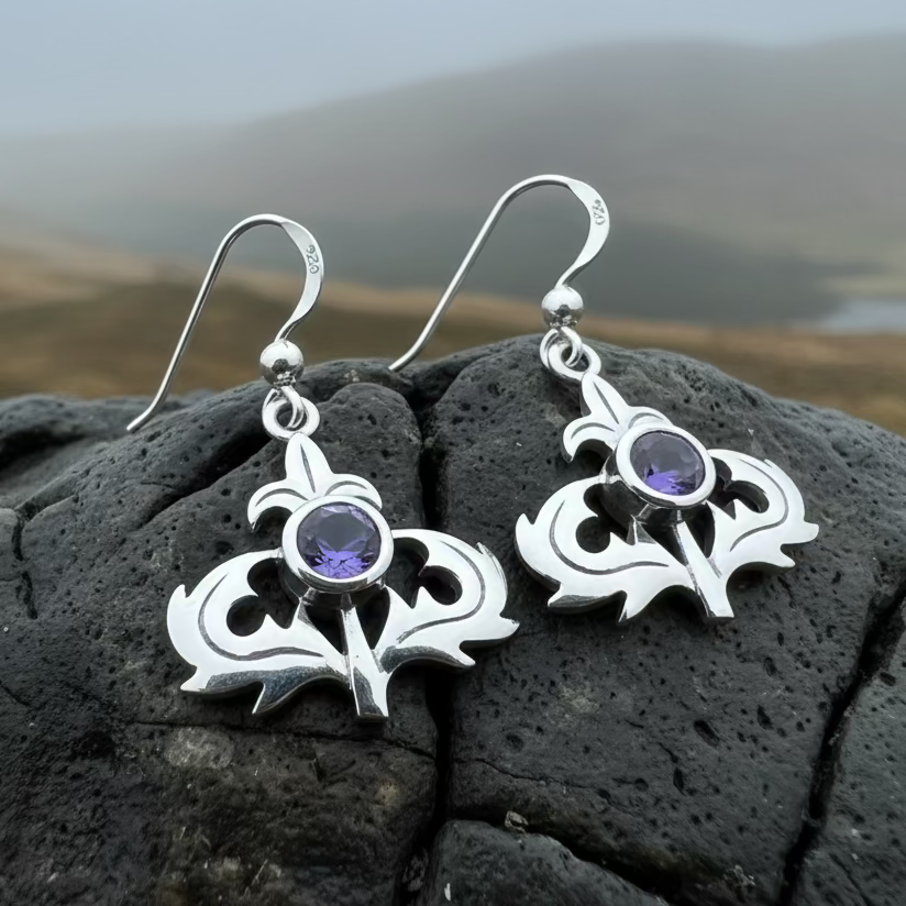 Amethyst Scottish Thistle Earrings in Sterling Silver