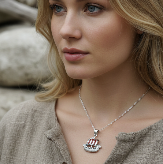 Red Sails Viking Ship Necklace in Sterling Silver
