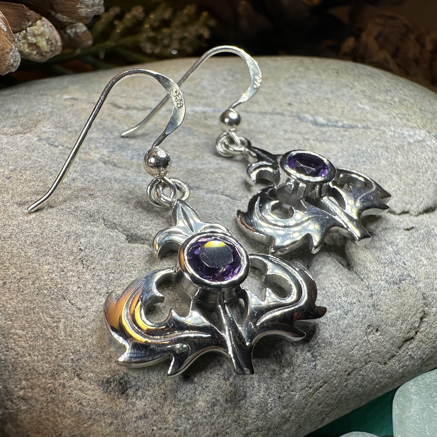 Amethyst Scottish Thistle Earrings in Sterling Silver