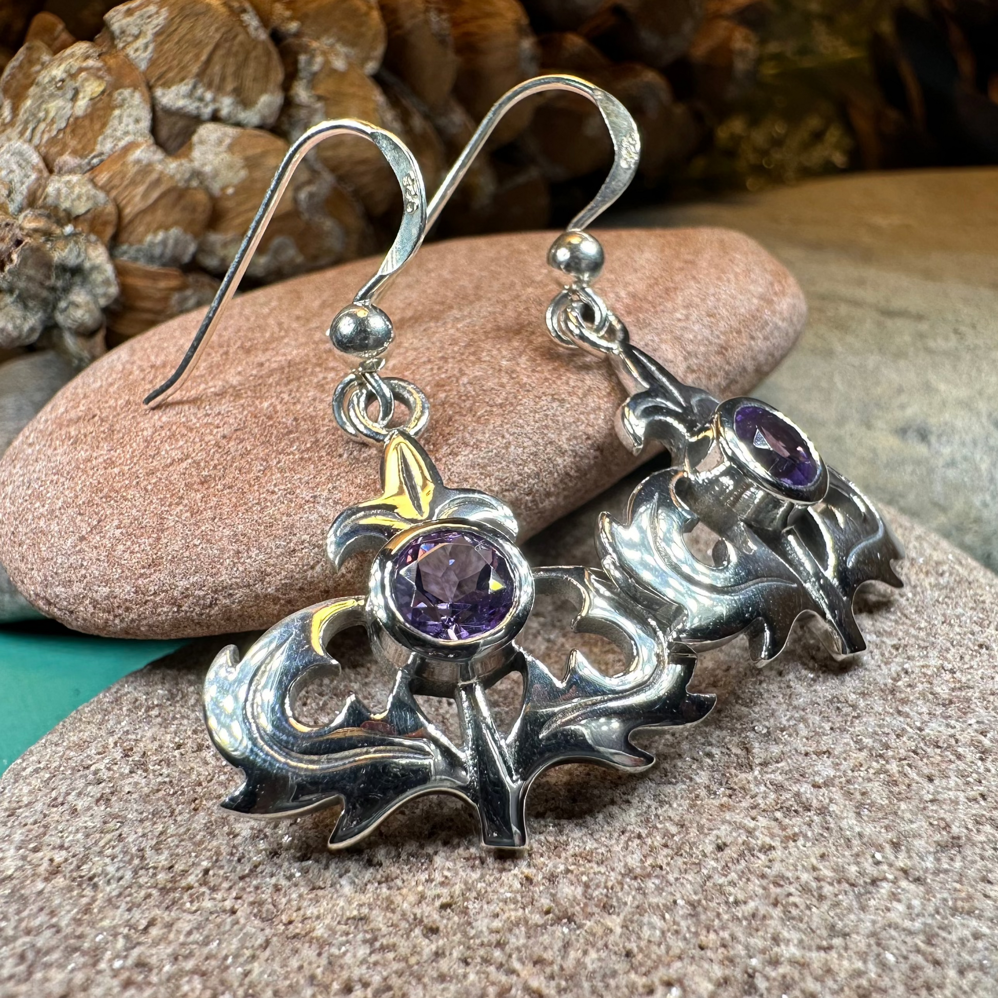 Amethyst Scottish Thistle Earrings in Sterling Silver — view 6