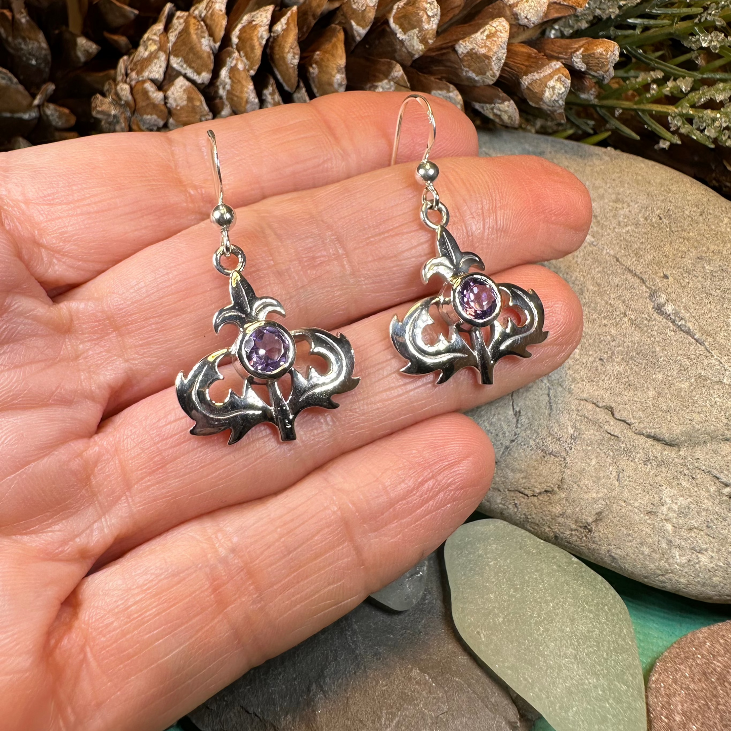 Amethyst Scottish Thistle Earrings in Sterling Silver — view 5
