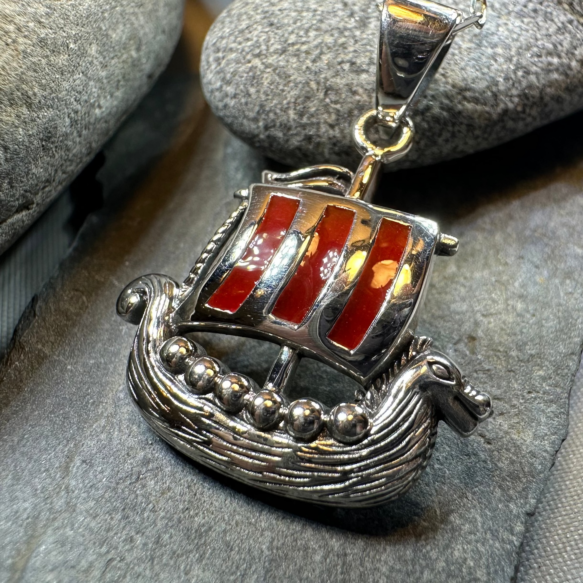 Red Sails Viking Ship Necklace in sterling silver