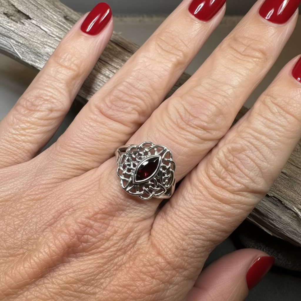 Leanna Garnet Celtic Knot Ring in Sterling Silver — view 2