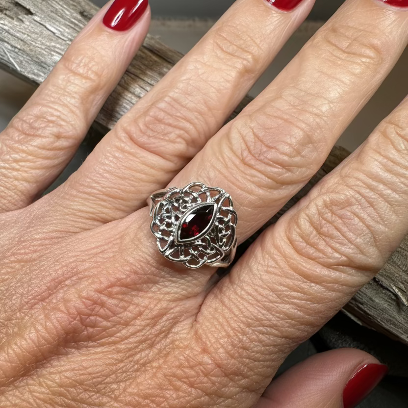 Leanna Garnet Celtic Knot Ring in Sterling Silver