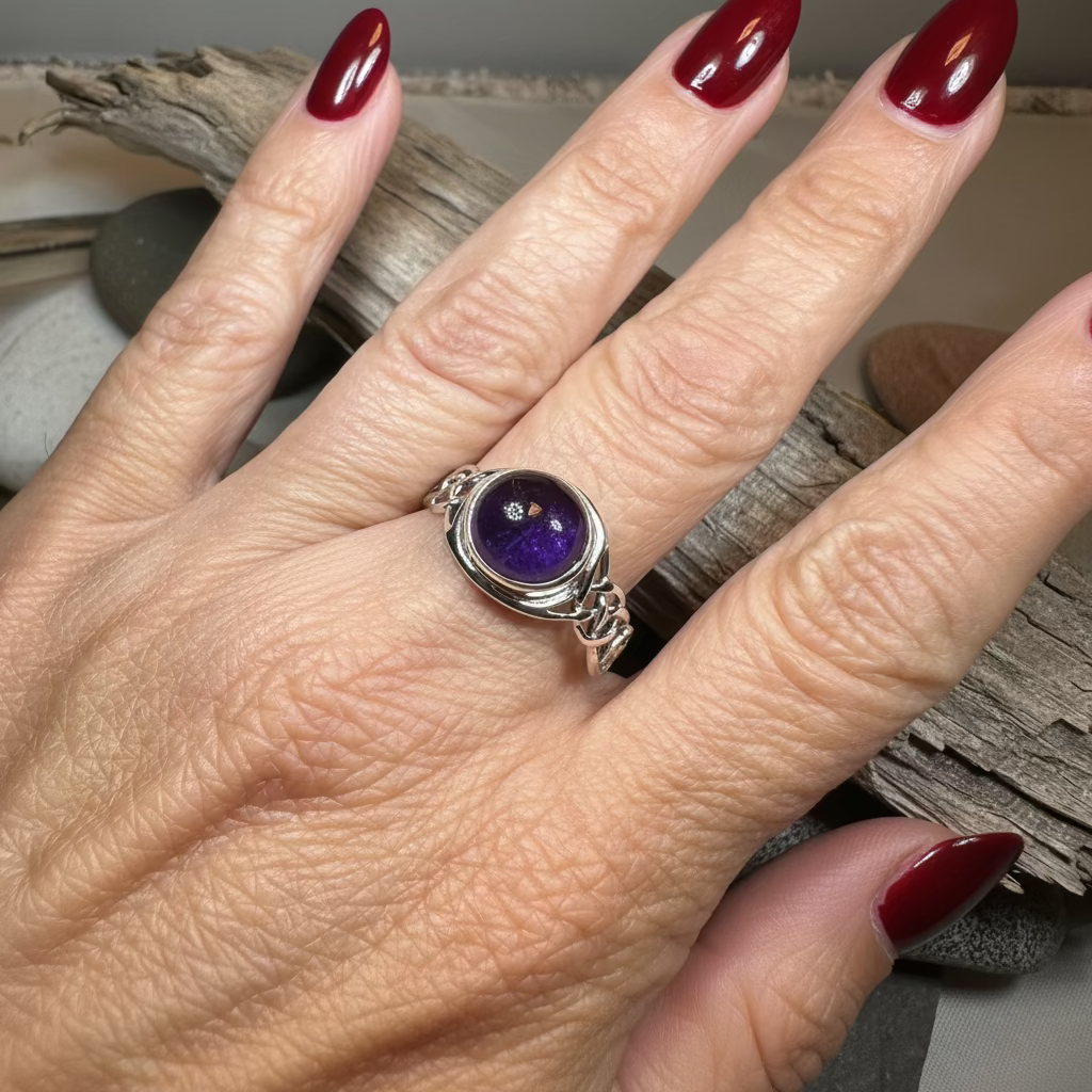 Faye Celtic Knot Amethyst Ring in Sterling Silver — view 2