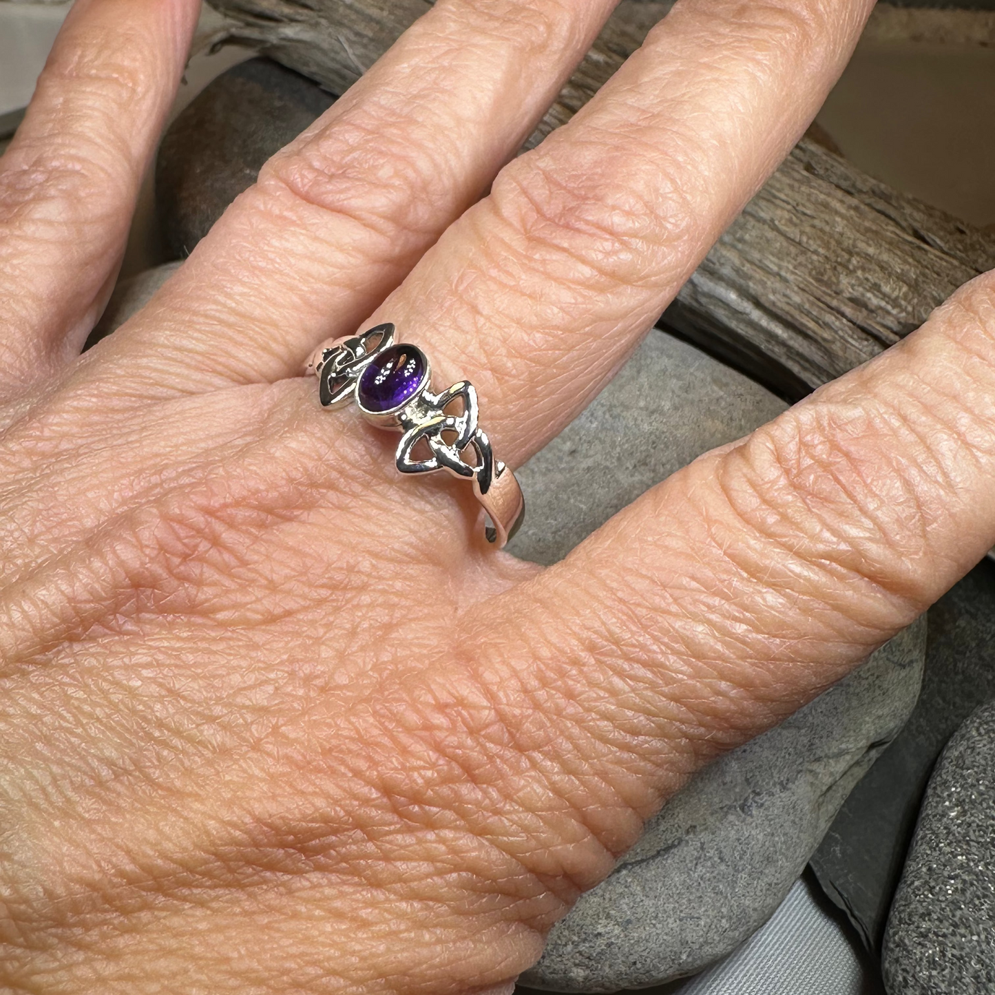 Rori Celtic Trinity Knot Amethyst Ring in Sterling Silver — view 8