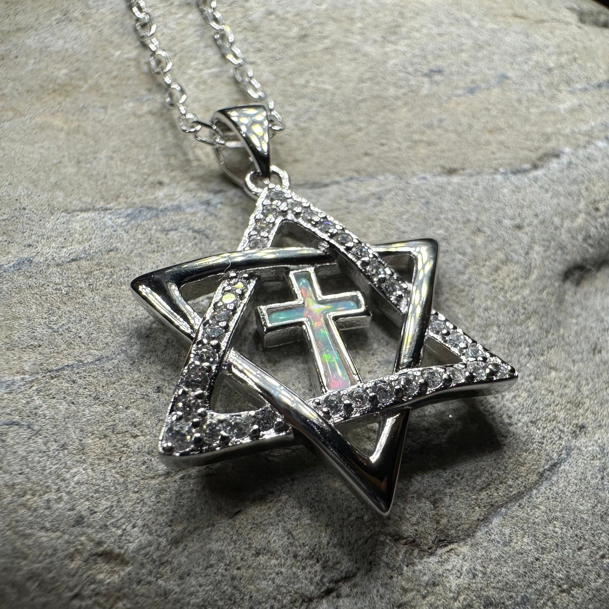 Star of David Cross Opal Necklace in sterling silver