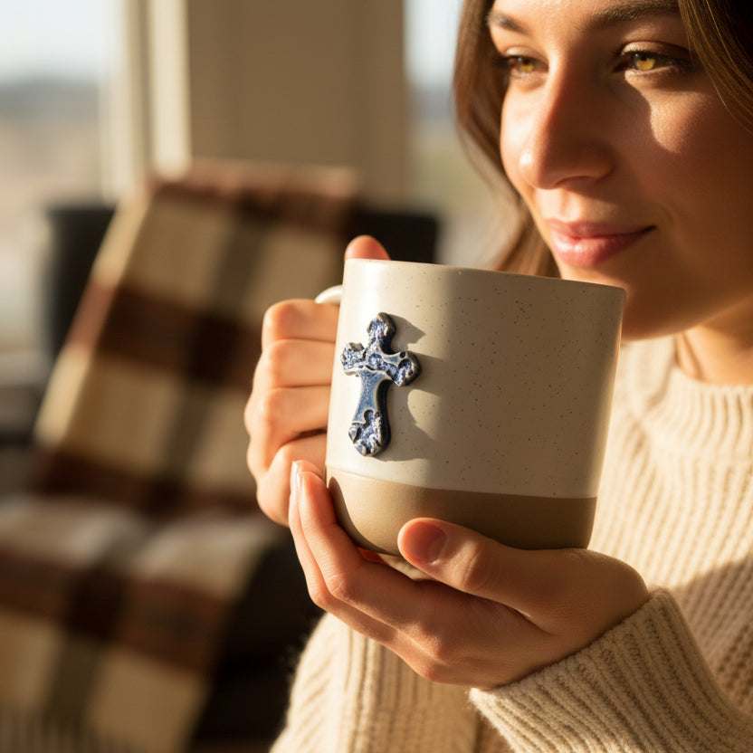 Handmade Pottery Cross Coffee Mug - Made in the U.S.A.
