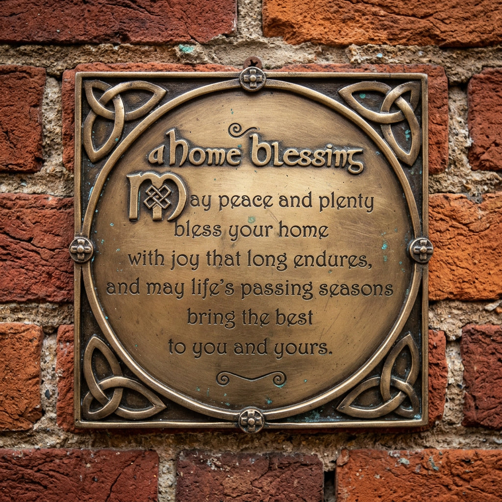 A square decorative plaque with Celtic knot borders and an engraved poem that begins 'A home blessing' and ends 'to you and yours.' The plaque has a metallic antique bronze or brass appearance against a plain white background.