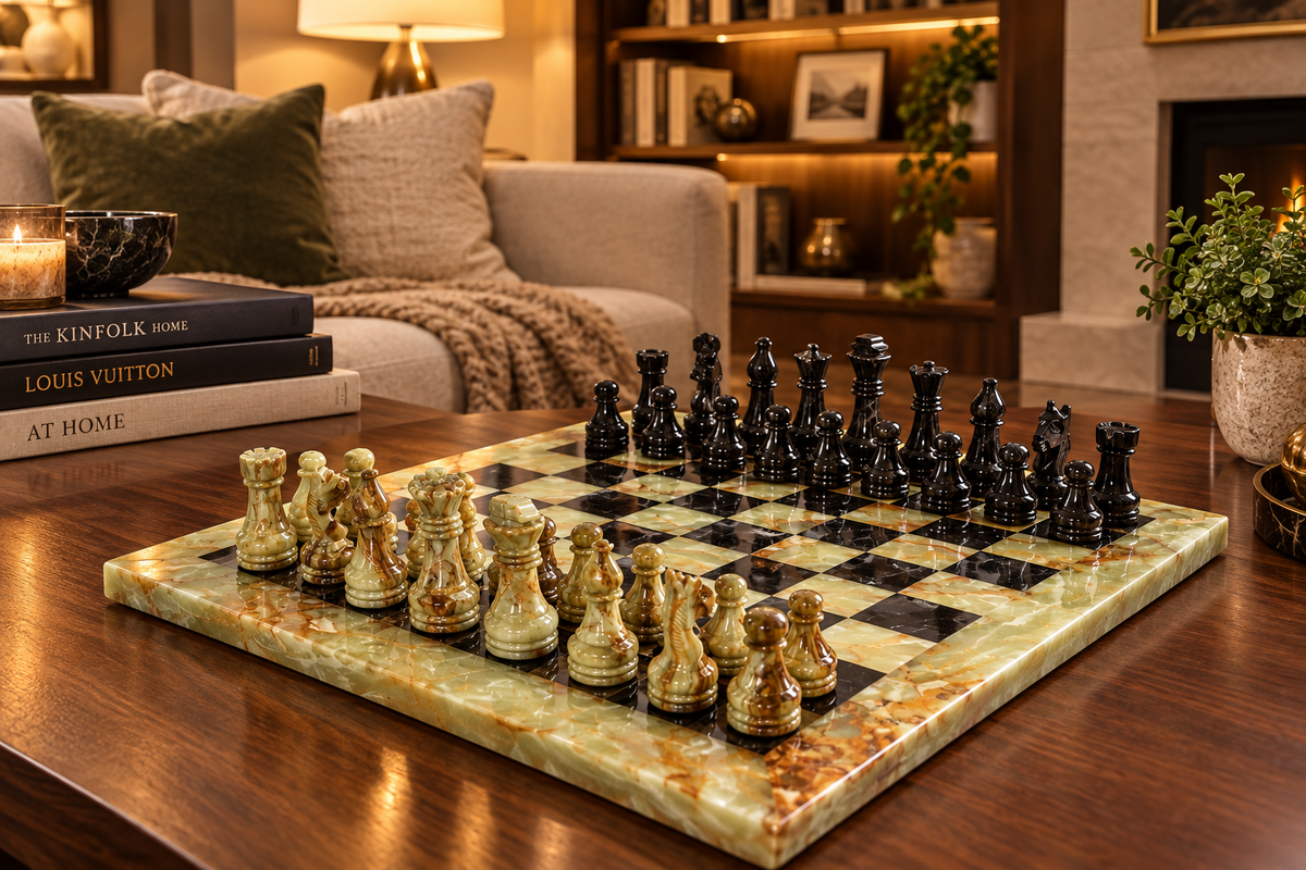 Green Onyx and Black Marble Chess Set 12 Inches - Premium Handmade