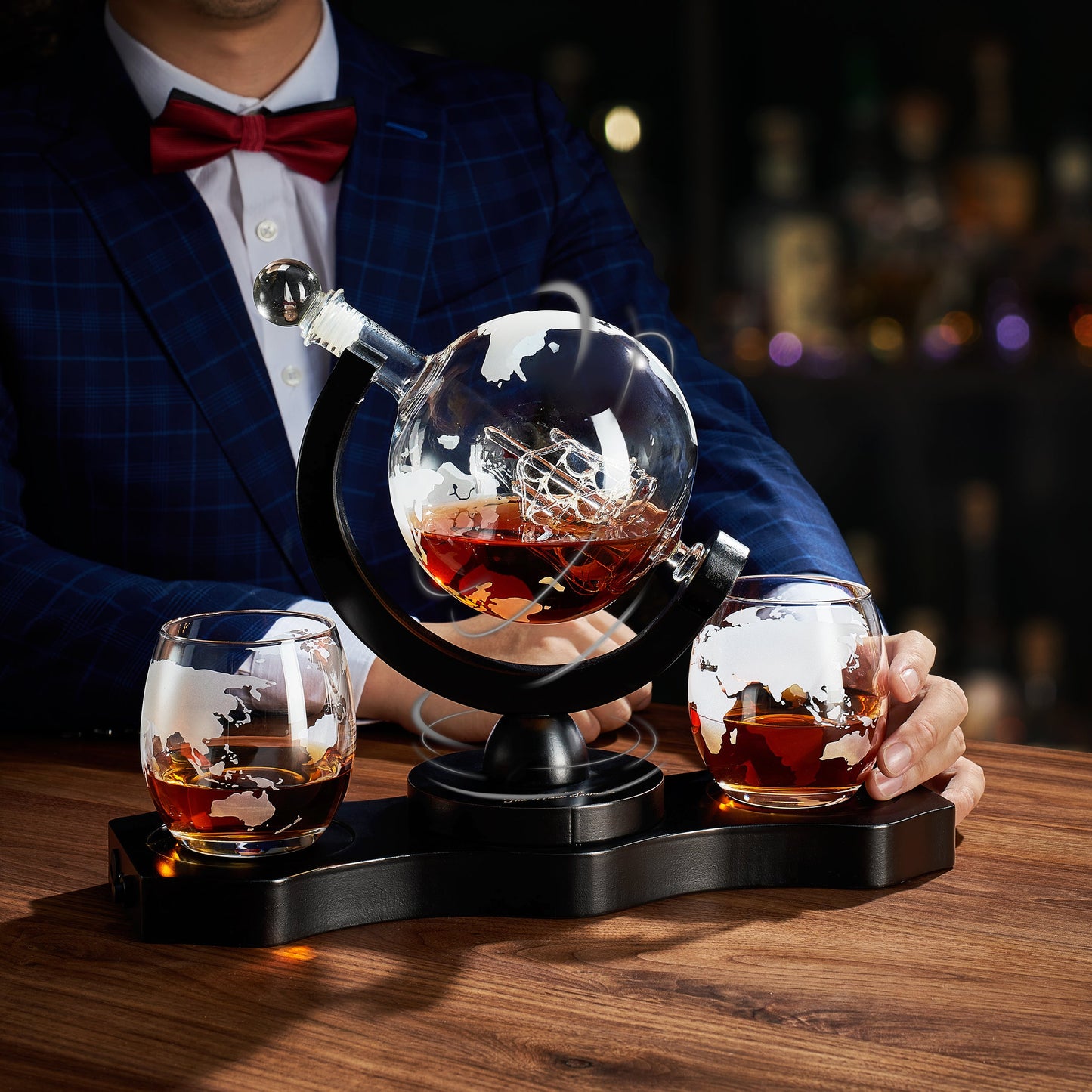 Rotating Whiskey Decanter Globe Set With 2 Whiskey Glasses