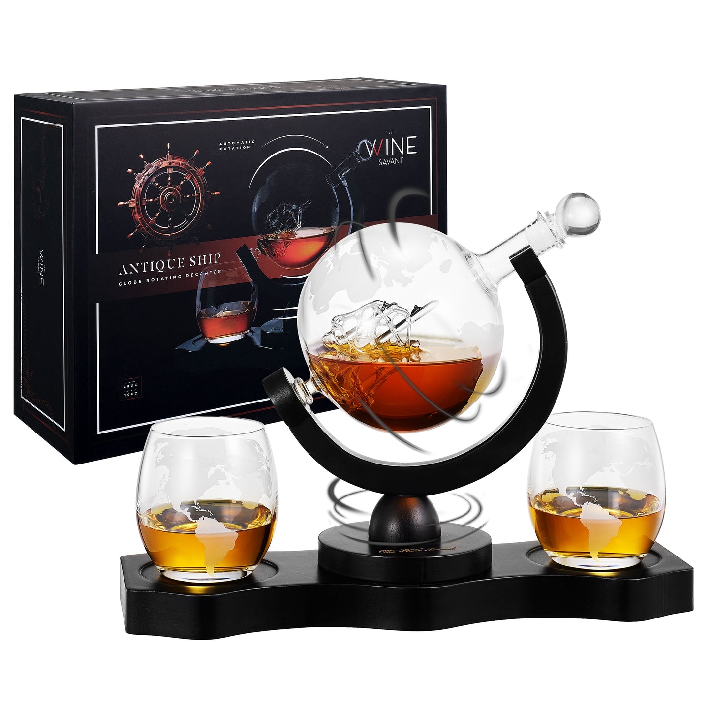 Rotating Whiskey Decanter Globe Set With 2 Whiskey Glasses