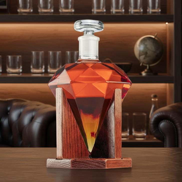 Diamond Decanter Premium Barware Gift with Mahogany Base