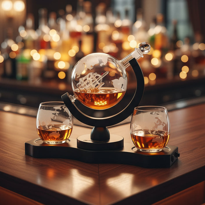 Rotating Whiskey Decanter Globe Set With 2 Whiskey Glasses