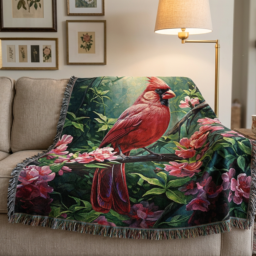 A woven throw blanket featuring a detailed illustration of a red cardinal perched on a branch surrounded by pink flowers and green leaves, finished with dark fringed edges.