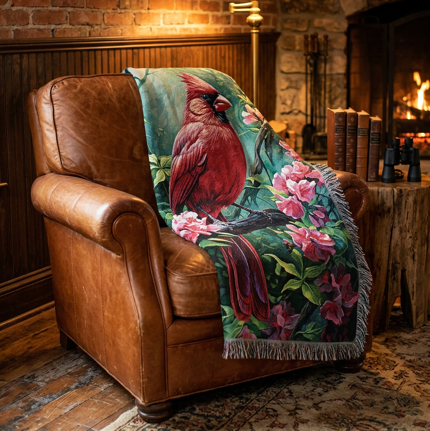 A woven throw blanket featuring a detailed illustration of a red cardinal perched on a branch surrounded by pink flowers and green leaves, finished with dark fringed edges.