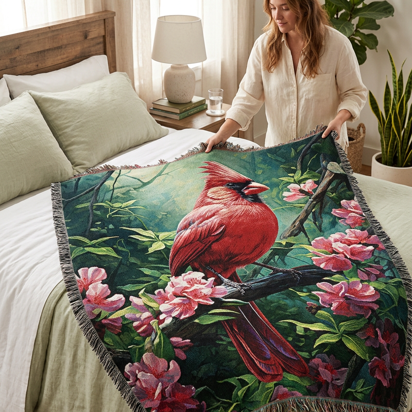 A woven throw blanket featuring a detailed illustration of a red cardinal perched on a branch surrounded by pink flowers and green leaves, finished with dark fringed edges.