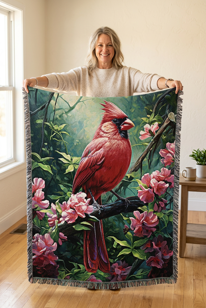 A woven throw blanket featuring a detailed illustration of a red cardinal perched on a branch surrounded by pink flowers and green leaves, finished with dark fringed edges.