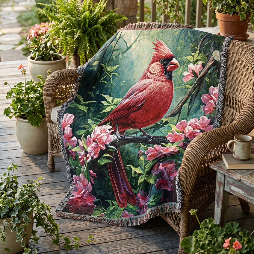 A woven throw blanket featuring a detailed illustration of a red cardinal perched on a branch surrounded by pink flowers and green leaves, finished with dark fringed edges.