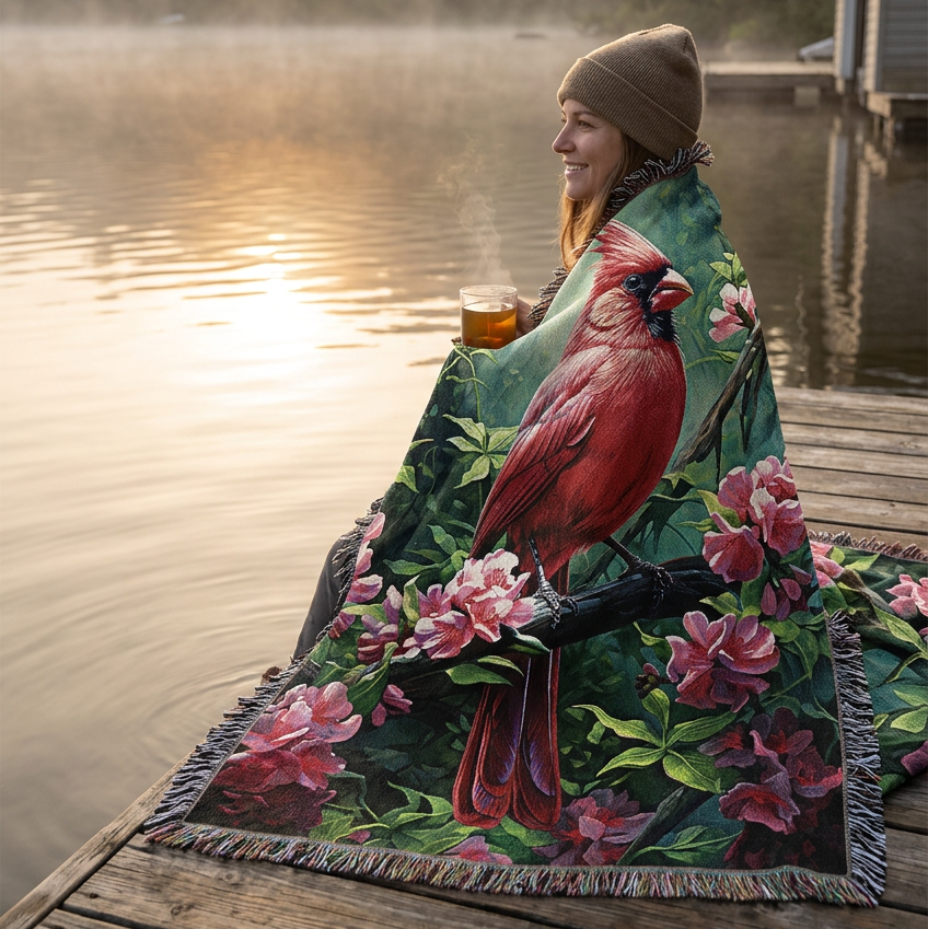 A woven throw blanket featuring a detailed illustration of a red cardinal perched on a branch surrounded by pink flowers and green leaves, finished with dark fringed edges.