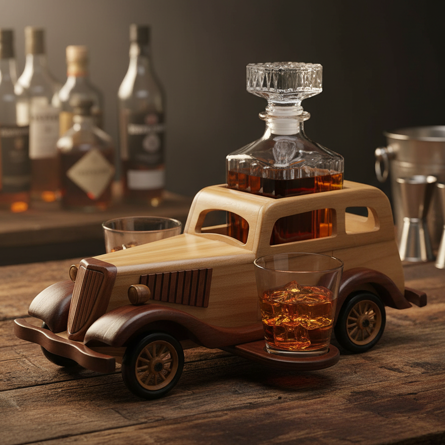 Old Fashioned Car Whiskey Decanter Set & 2 Whisky Glasses