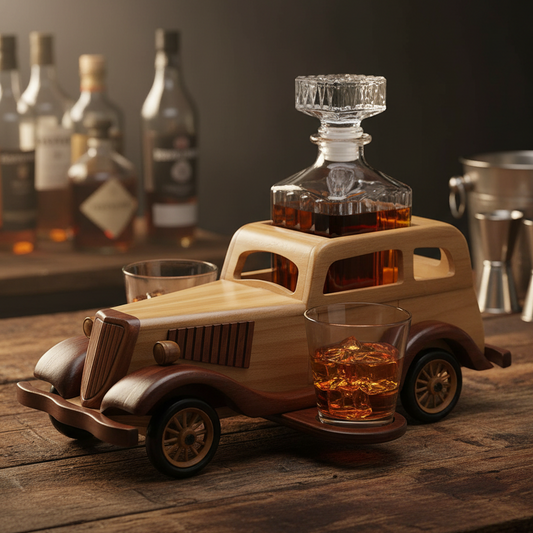 Old Fashioned Car Whiskey Decanter Set & 2 Whisky Glasses