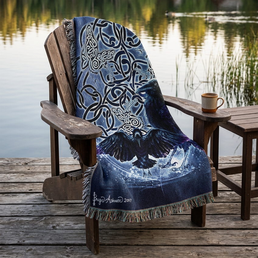 A square woven throw blanket with fringed edges, featuring a dark blue and black Celtic knot design with two raven birds in the center. The blanket is displayed flat against a solid white background.