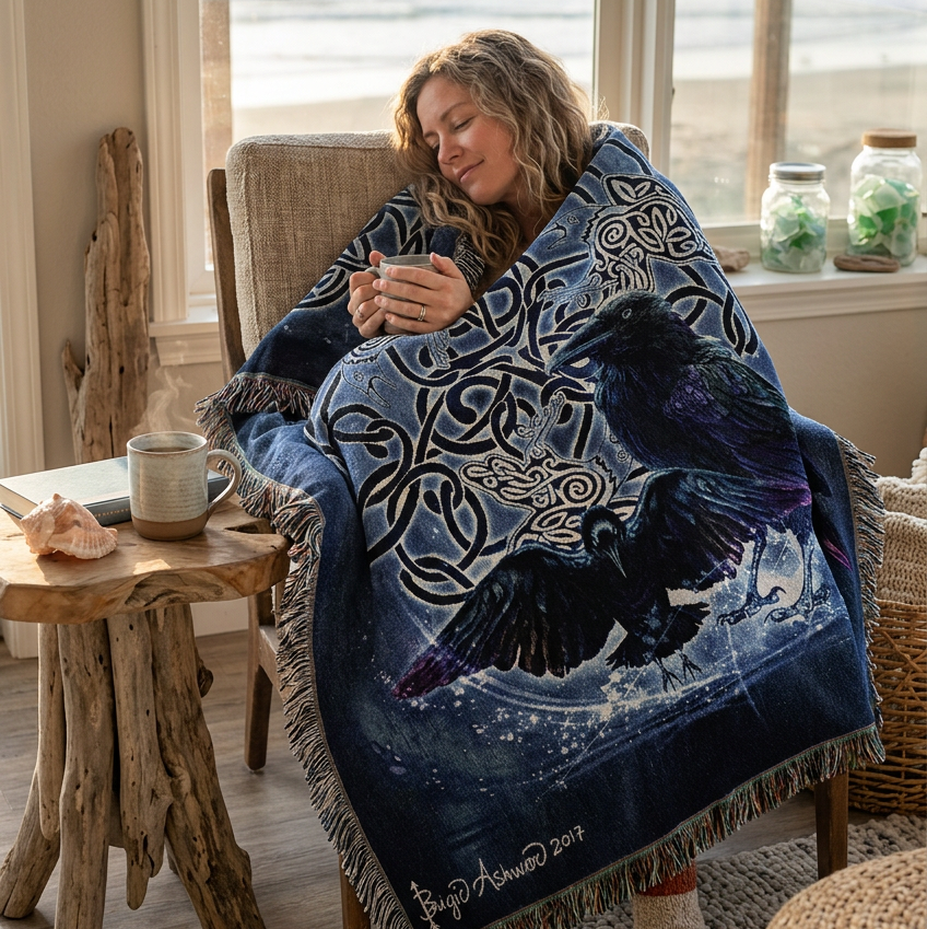 A square woven throw blanket with fringed edges, featuring a dark blue and black Celtic knot design with two raven birds in the center. The blanket is displayed flat against a solid white background.
