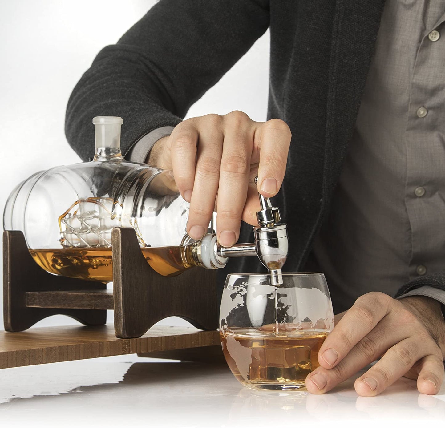 Whiskey Barrel Decanter With Old Time Ship Premium Barware Gift