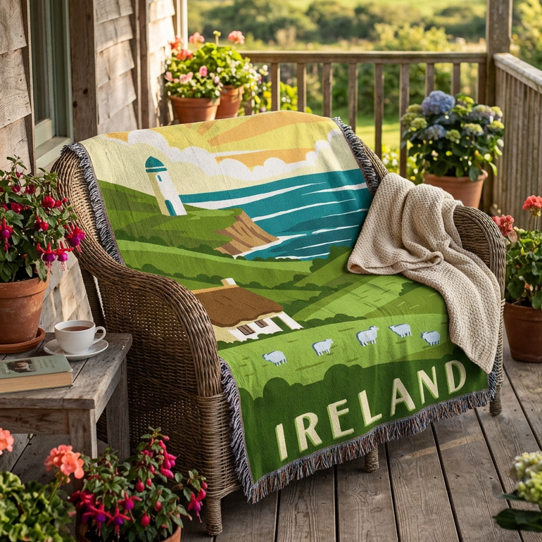 A woven throw blanket featuring a stylized illustration of Ireland's coastal landscape, with green hills, a lighthouse, blue sea, a small cottage, sheep, and the word 'IRELAND' at the bottom. The blanket has dark fringe around the edges.