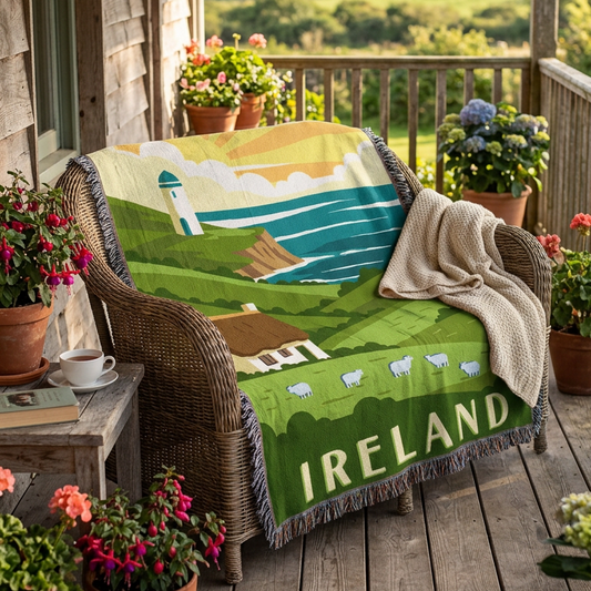 A woven throw blanket featuring a stylized illustration of Ireland's coastal landscape, with green hills, a lighthouse, blue sea, a small cottage, sheep, and the word 'IRELAND' at the bottom. The blanket has dark fringe around the edges.