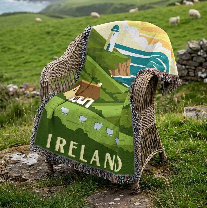 A woven throw blanket featuring a stylized illustration of Ireland's coastal landscape, with green hills, a lighthouse, blue sea, a small cottage, sheep, and the word 'IRELAND' at the bottom. The blanket has dark fringe around the edges.