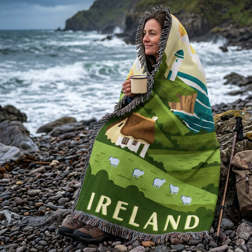 A woven throw blanket featuring a stylized illustration of Ireland's coastal landscape, with green hills, a lighthouse, blue sea, a small cottage, sheep, and the word 'IRELAND' at the bottom. The blanket has dark fringe around the edges.